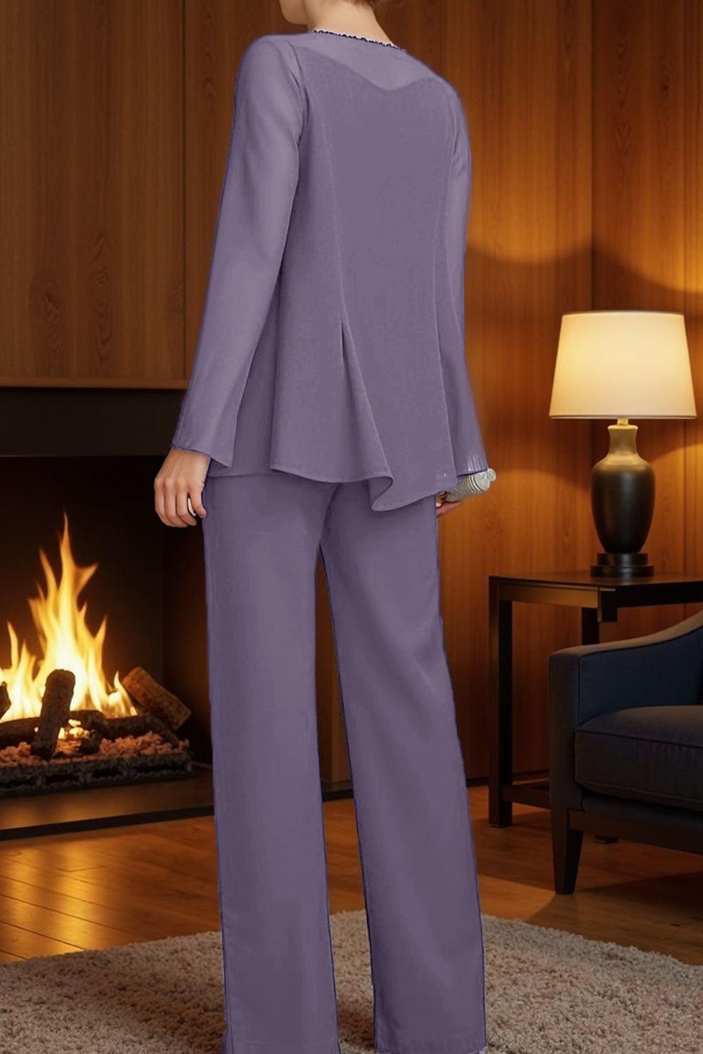 Dreamyannie Purple Beaded Boat Neck 3 Piece Mother Of The Bride Pant Suits With Jacket
