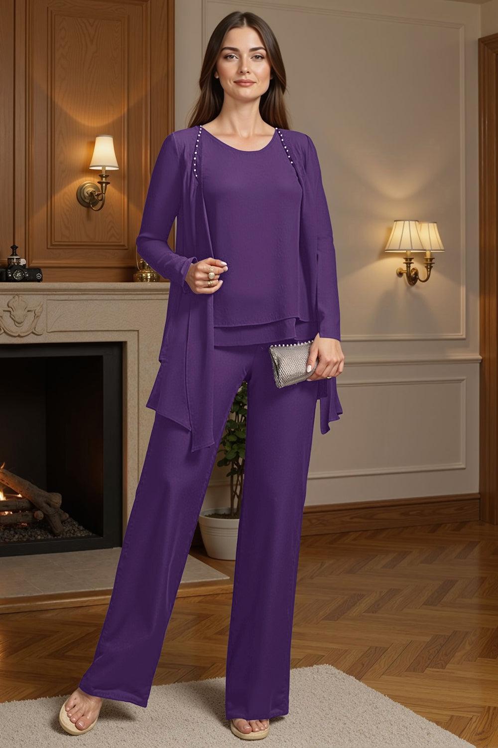 Dreamyannie Purple Beaded Boat Neck 3 Piece Mother Of The Bride Pant Suits With Jacket