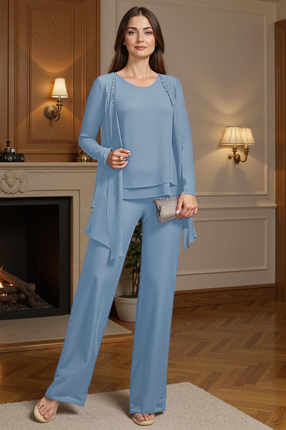 Dreamyannie Purple Beaded Boat Neck 3 Piece Mother Of The Bride Pant Suits With Jacket