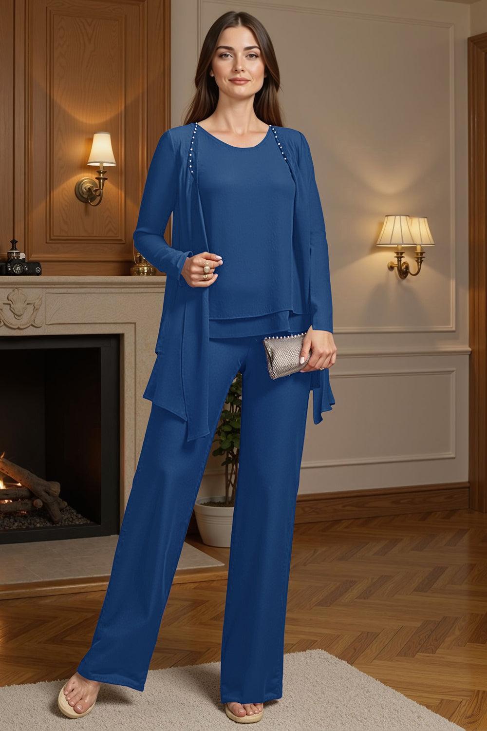 Dreamyannie Purple Beaded Boat Neck 3 Piece Mother Of The Bride Pant Suits With Jacket