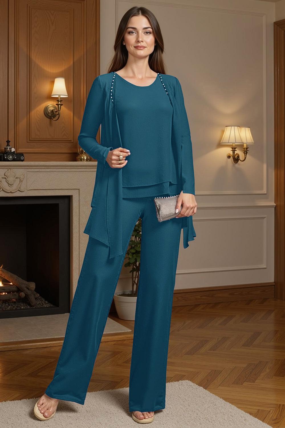 Dreamyannie Purple Beaded Boat Neck 3 Piece Mother Of The Bride Pant Suits With Jacket