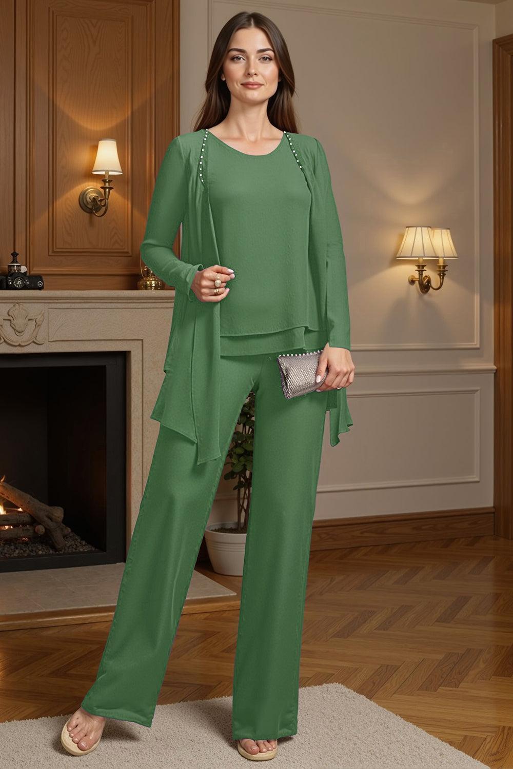 Dreamyannie Purple Beaded Boat Neck 3 Piece Mother Of The Bride Pant Suits With Jacket