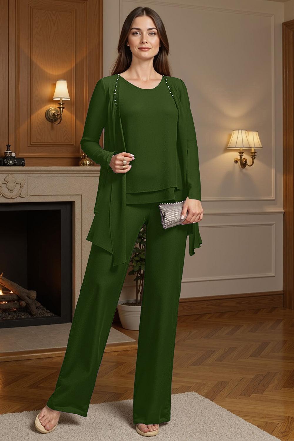 Dreamyannie Purple Beaded Boat Neck 3 Piece Mother Of The Bride Pant Suits With Jacket