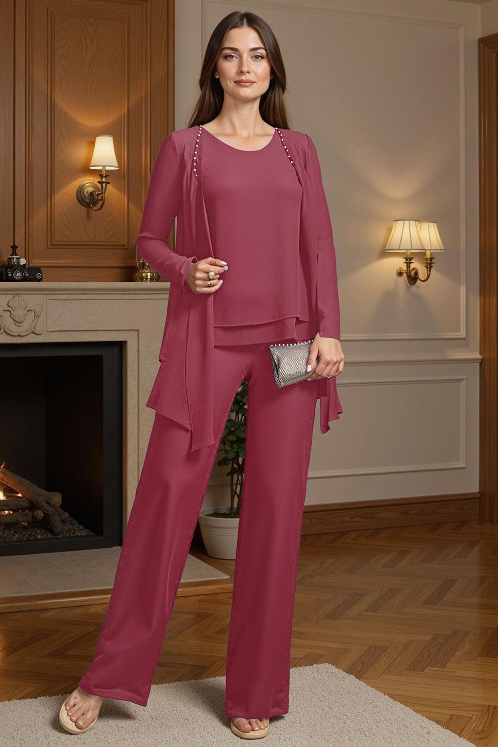 Dreamyannie Purple Beaded Boat Neck 3 Piece Mother Of The Bride Pant Suits With Jacket