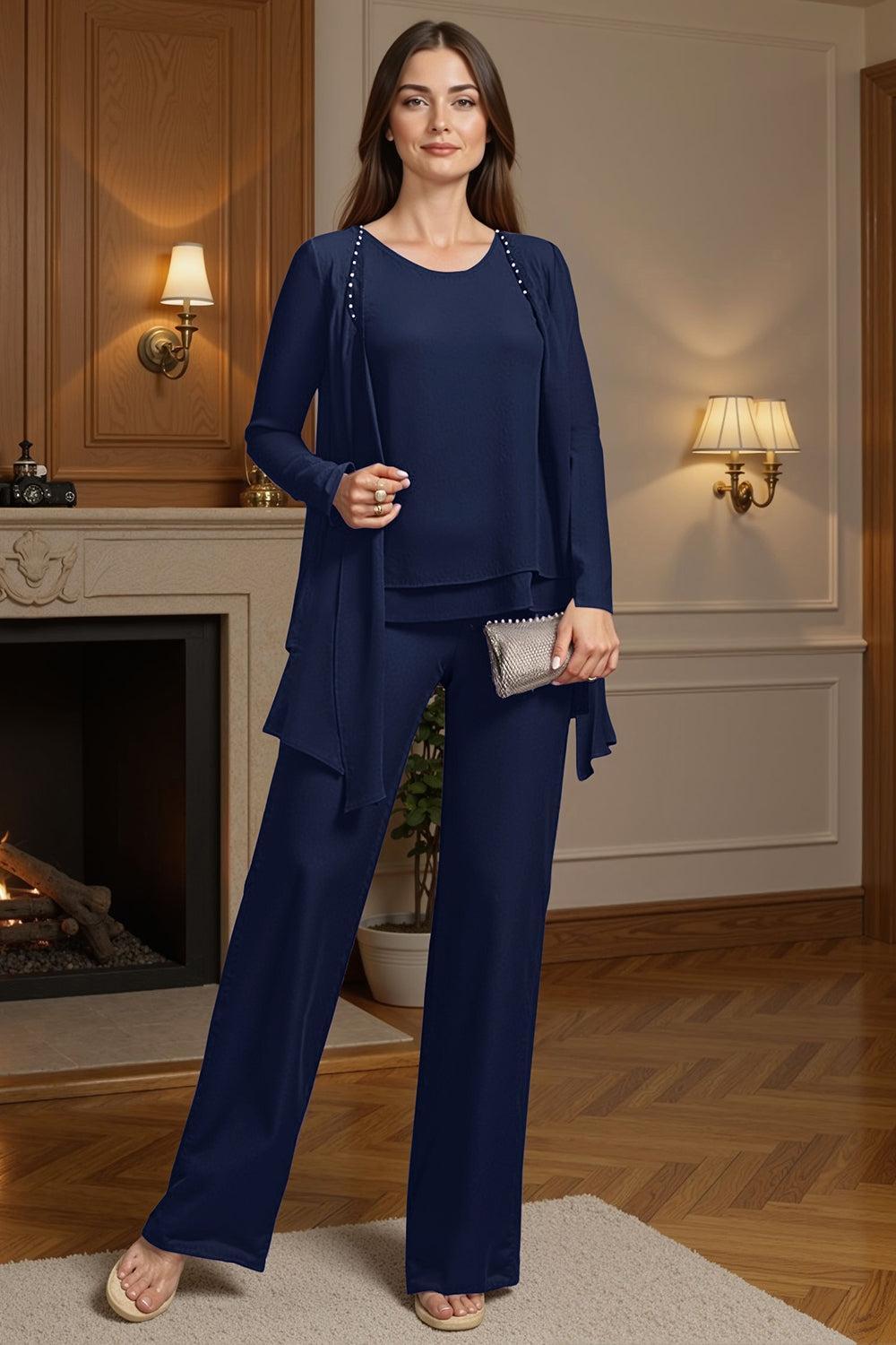 Dreamyannie Purple Beaded Boat Neck 3 Piece Mother Of The Bride Pant Suits With Jacket