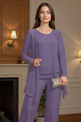 Dreamyannie Purple Beaded Boat Neck 3 Piece Mother Of The Bride Pant Suits With Jacket