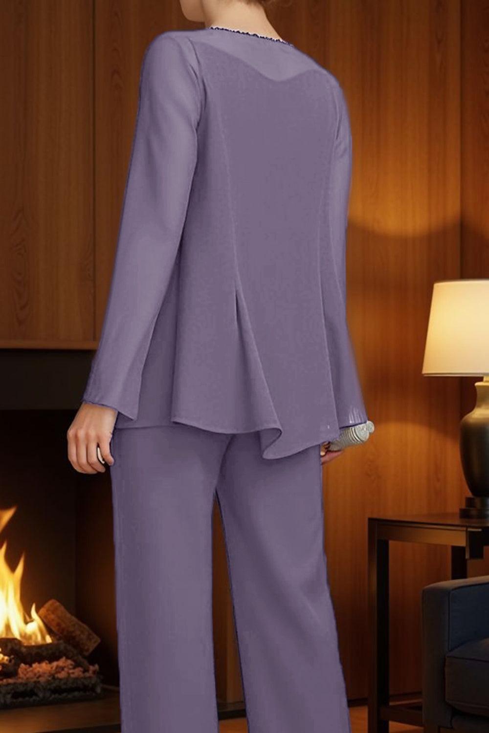 Dreamyannie Purple Beaded Boat Neck 3 Piece Mother Of The Bride Pant Suits With Jacket