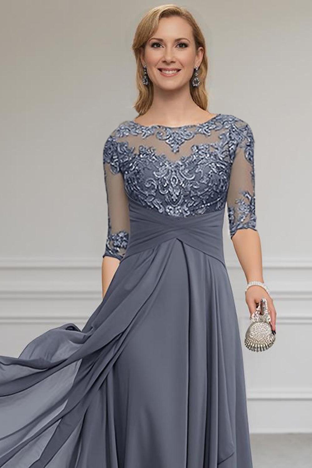 Dreamyannie Purple Chiffon Bateau Neck Ankle Length Mother Of The Bride Dress With Lace