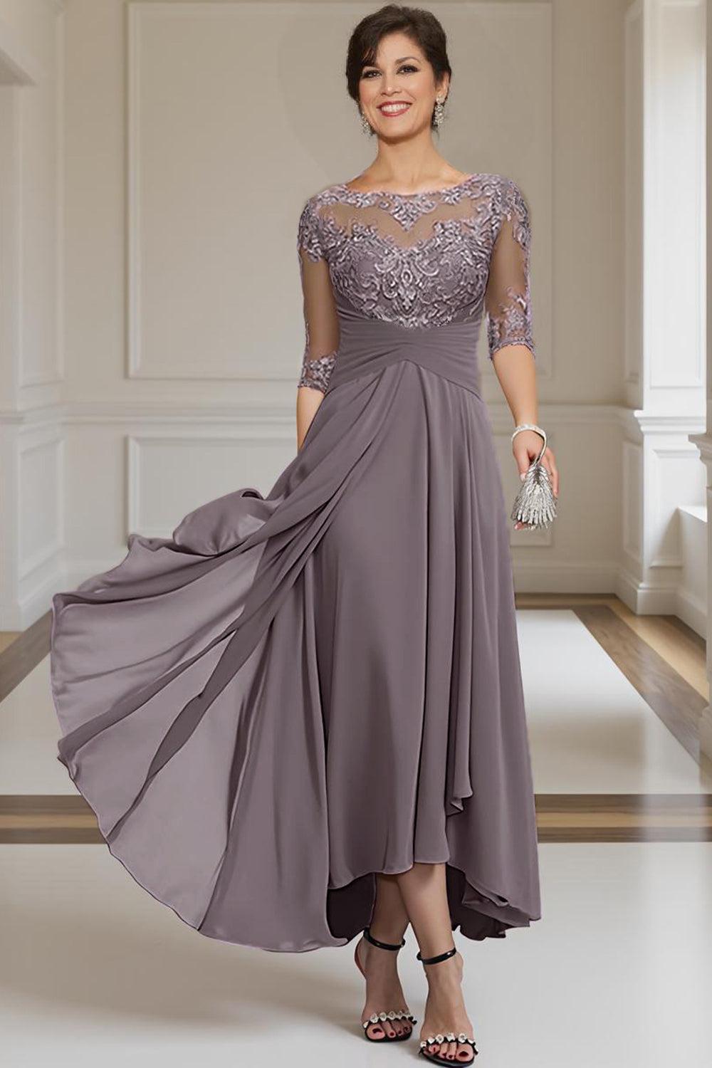 Dreamyannie Purple Chiffon Bateau Neck Ankle Length Mother Of The Bride Dress With Lace