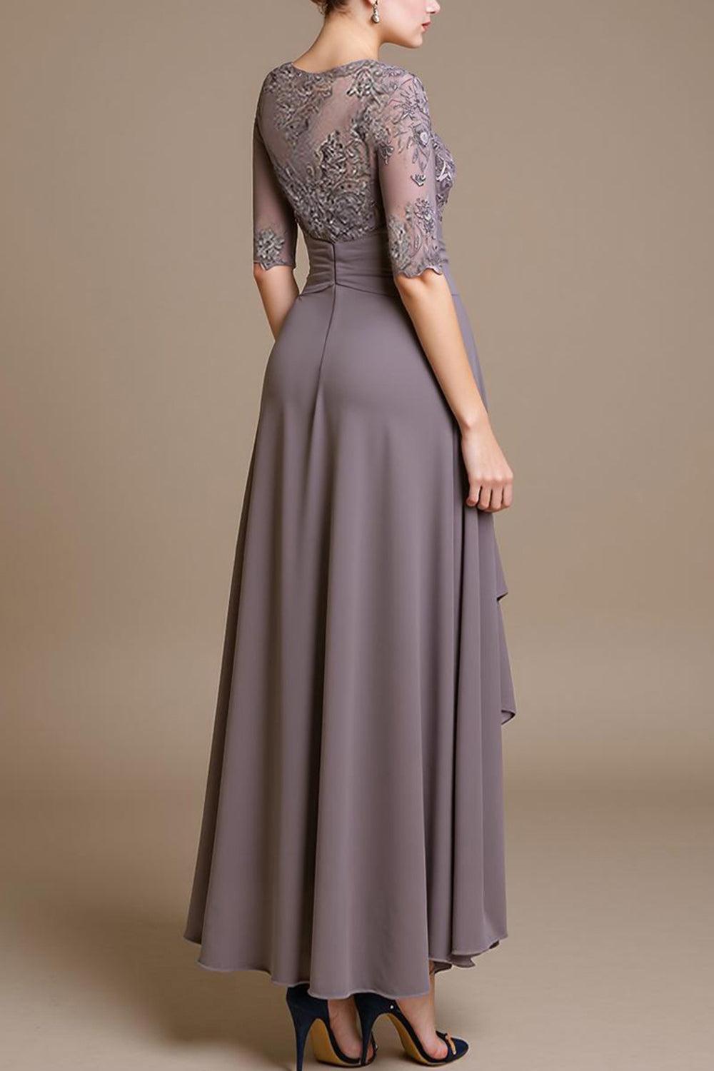 Dreamyannie Purple Chiffon Bateau Neck Ankle Length Mother Of The Bride Dress With Lace