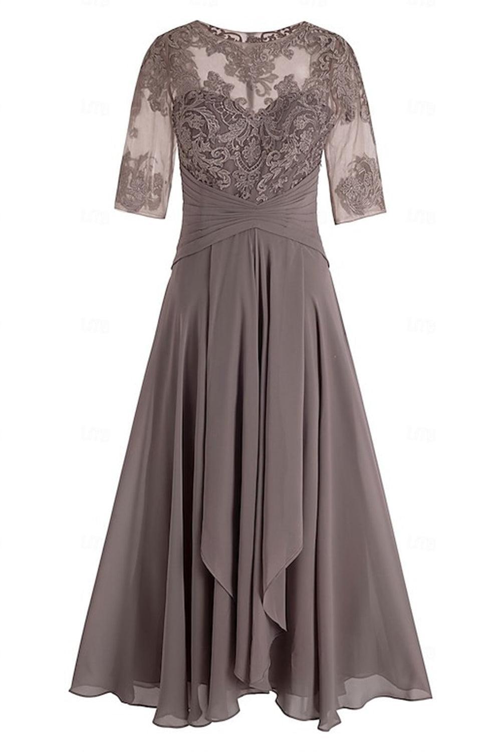 Dreamyannie Purple Chiffon Bateau Neck Ankle Length Mother Of The Bride Dress With Lace