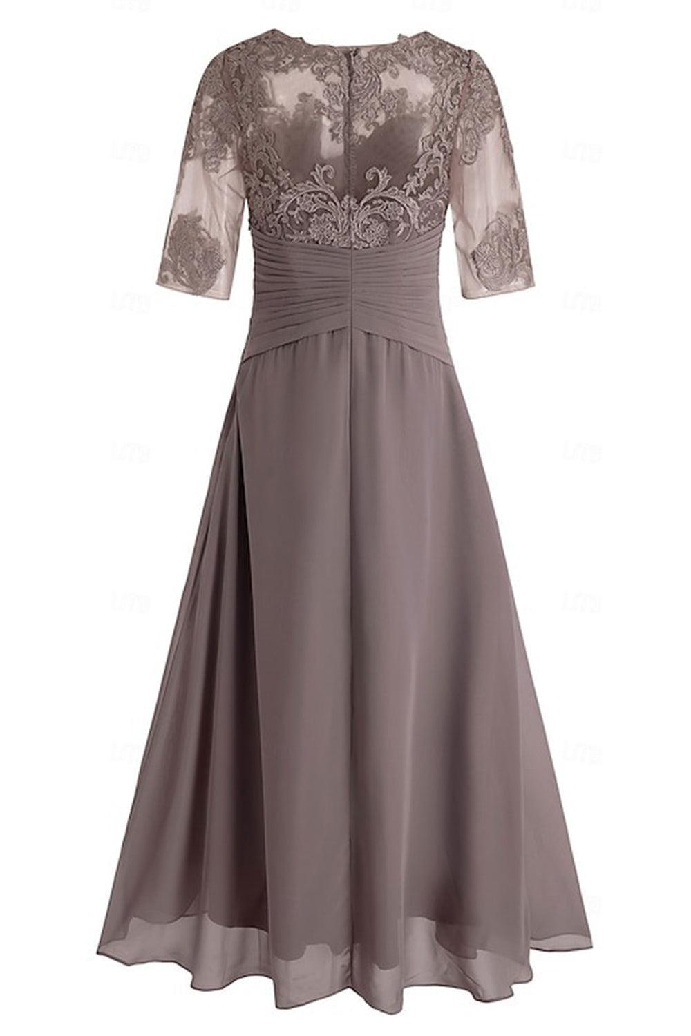 Dreamyannie Purple Chiffon Bateau Neck Ankle Length Mother Of The Bride Dress With Lace