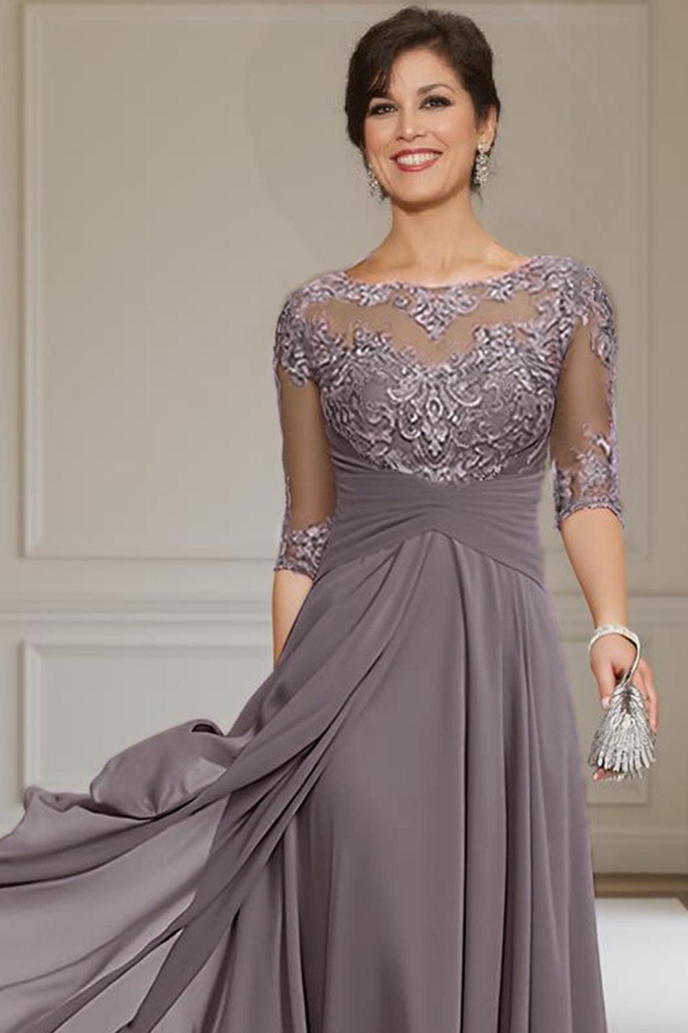 Dreamyannie Purple Chiffon Bateau Neck Ankle Length Mother Of The Bride Dress With Lace
