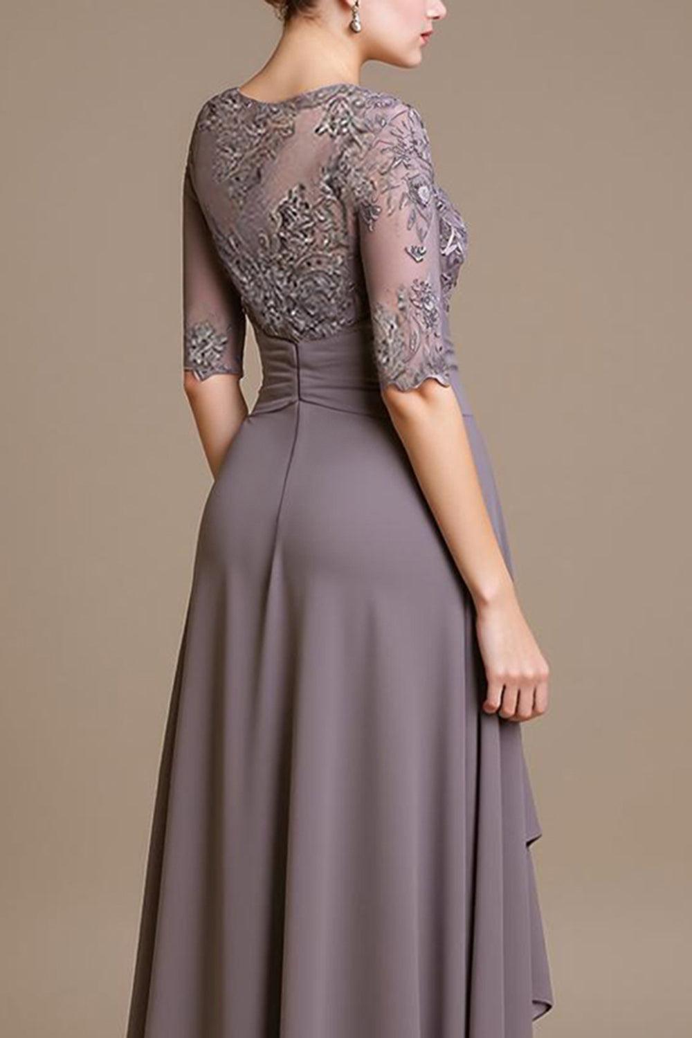 Dreamyannie Purple Chiffon Bateau Neck Ankle Length Mother Of The Bride Dress With Lace