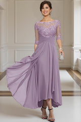 Dreamyannie Purple Chiffon Bateau Neck Ankle Length Mother Of The Bride Dress With Lace