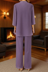 Dreamyannie Purple Floral Square Neck Chiffon 3 Piece Mother Of The Bride Pant Suits With Jacket