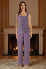 Dreamyannie Purple Floral Square Neck Chiffon 3 Piece Mother Of The Bride Pant Suits With Jacket