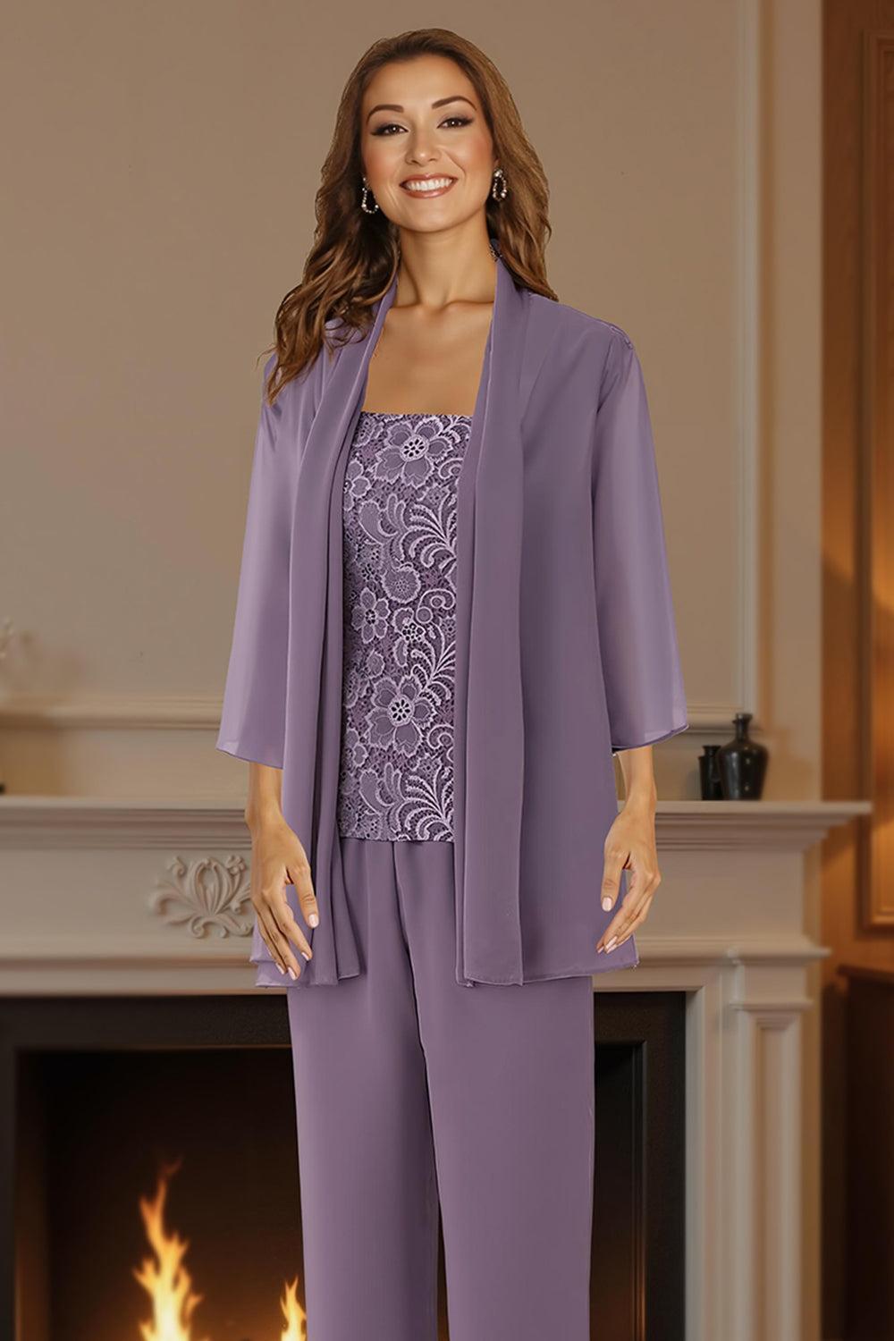 Dreamyannie Purple Floral Square Neck Chiffon 3 Piece Mother Of The Bride Pant Suits With Jacket
