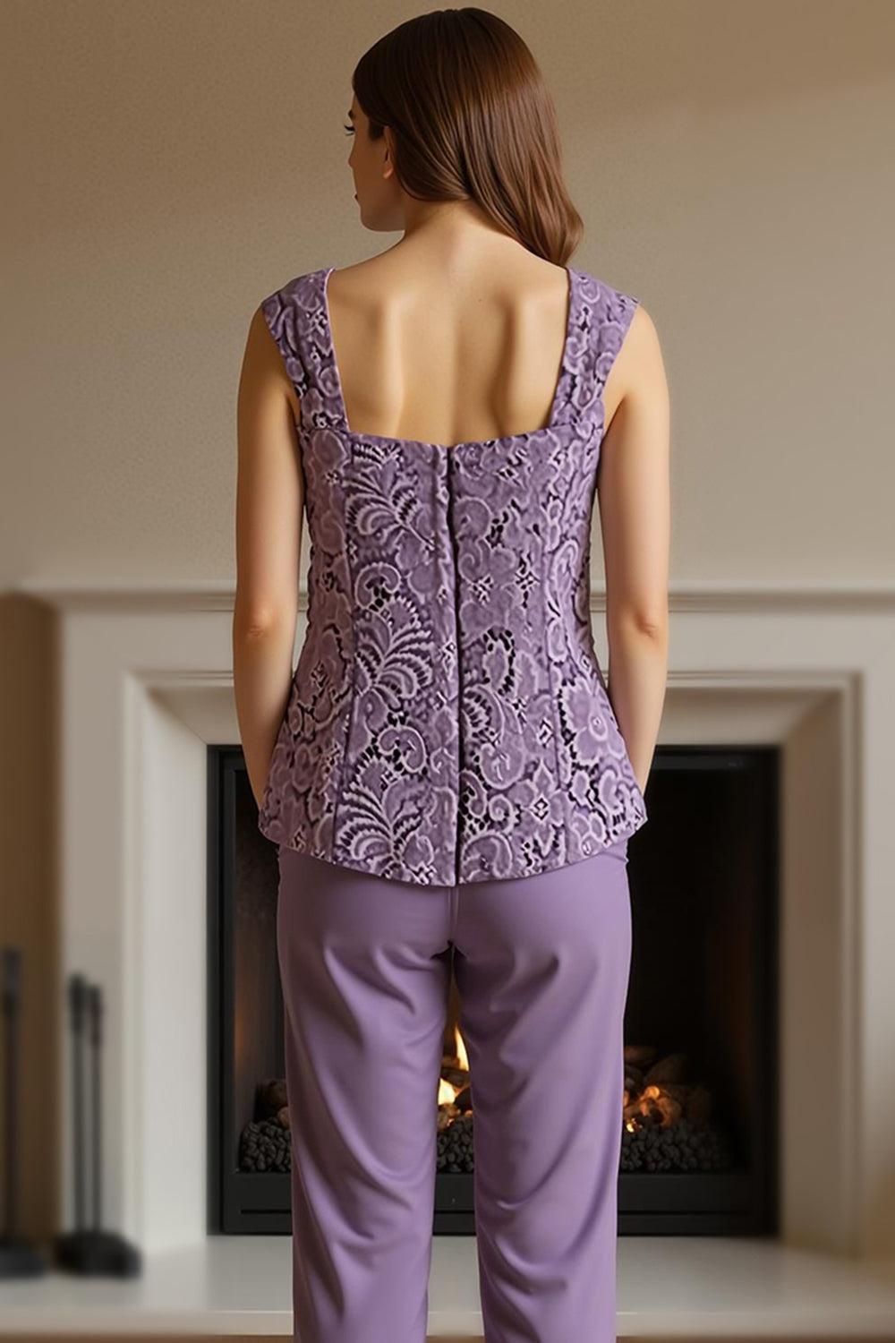 Dreamyannie Purple Floral Square Neck Chiffon 3 Piece Mother Of The Bride Pant Suits With Jacket