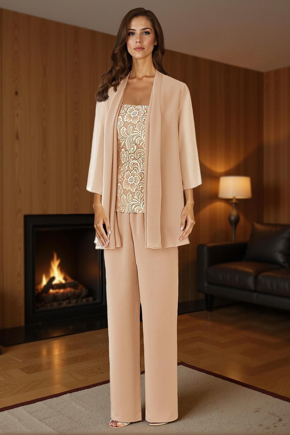 Dreamyannie Purple Floral Square Neck Chiffon 3 Piece Mother Of The Bride Pant Suits With Jacket