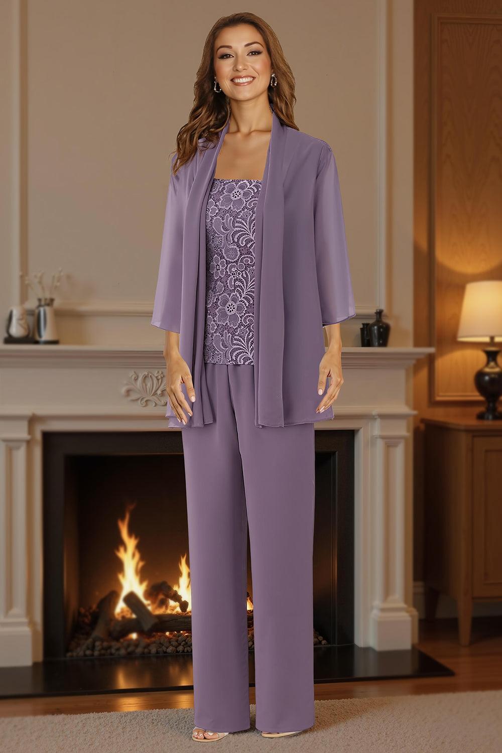 Dreamyannie Purple Floral Square Neck Chiffon 3 Piece Mother Of The Bride Pant Suits With Jacket