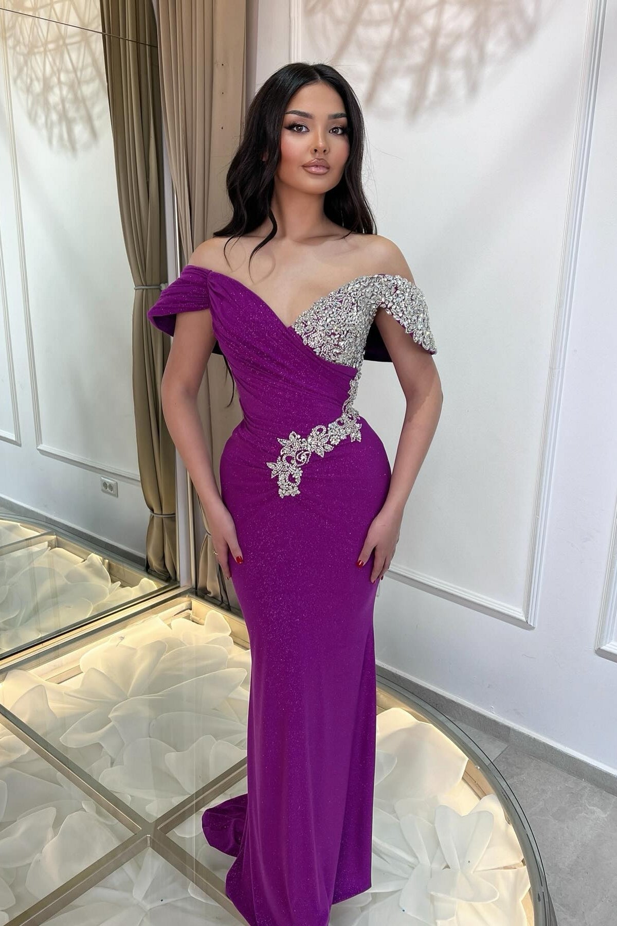 Dreamyannie Purple Prom Dress Column V Neck Off The Shoulder Beaded Sleeveless Tulle Formal Dress With Rhinestone