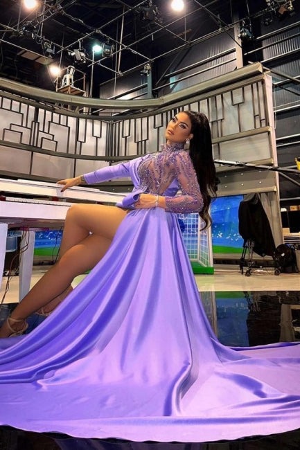 Dreamyannie Purple Prom Dress High Neck Beaded Sleeve Satin Panel Train Short Formal Dress