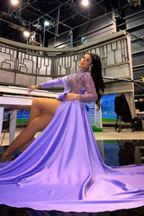 Dreamyannie Purple Prom Dress High Neck Beaded Sleeve Satin Panel Train Short Formal Dress