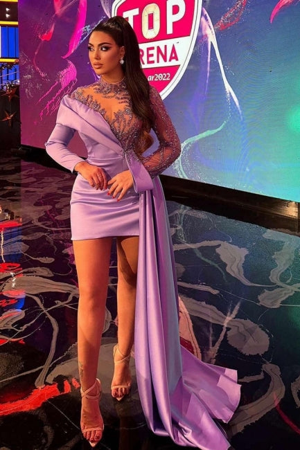 Dreamyannie Purple Prom Dress High Neck Beaded Sleeve Satin Panel Train Short Formal Dress