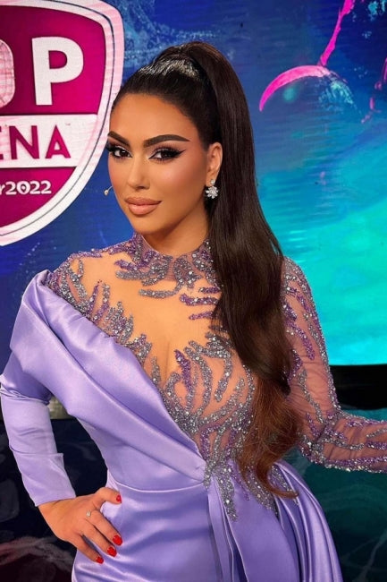 Dreamyannie Purple Prom Dress High Neck Beaded Sleeve Satin Panel Train Short Formal Dress
