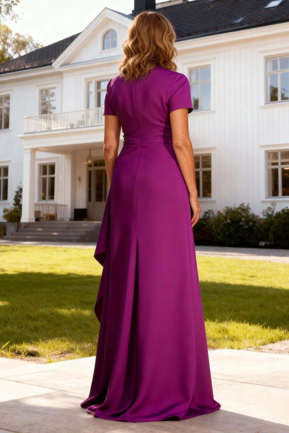 Dreamyannie Purple Satin Sheath Floor Length Mother Of The Bride Dress With Slit