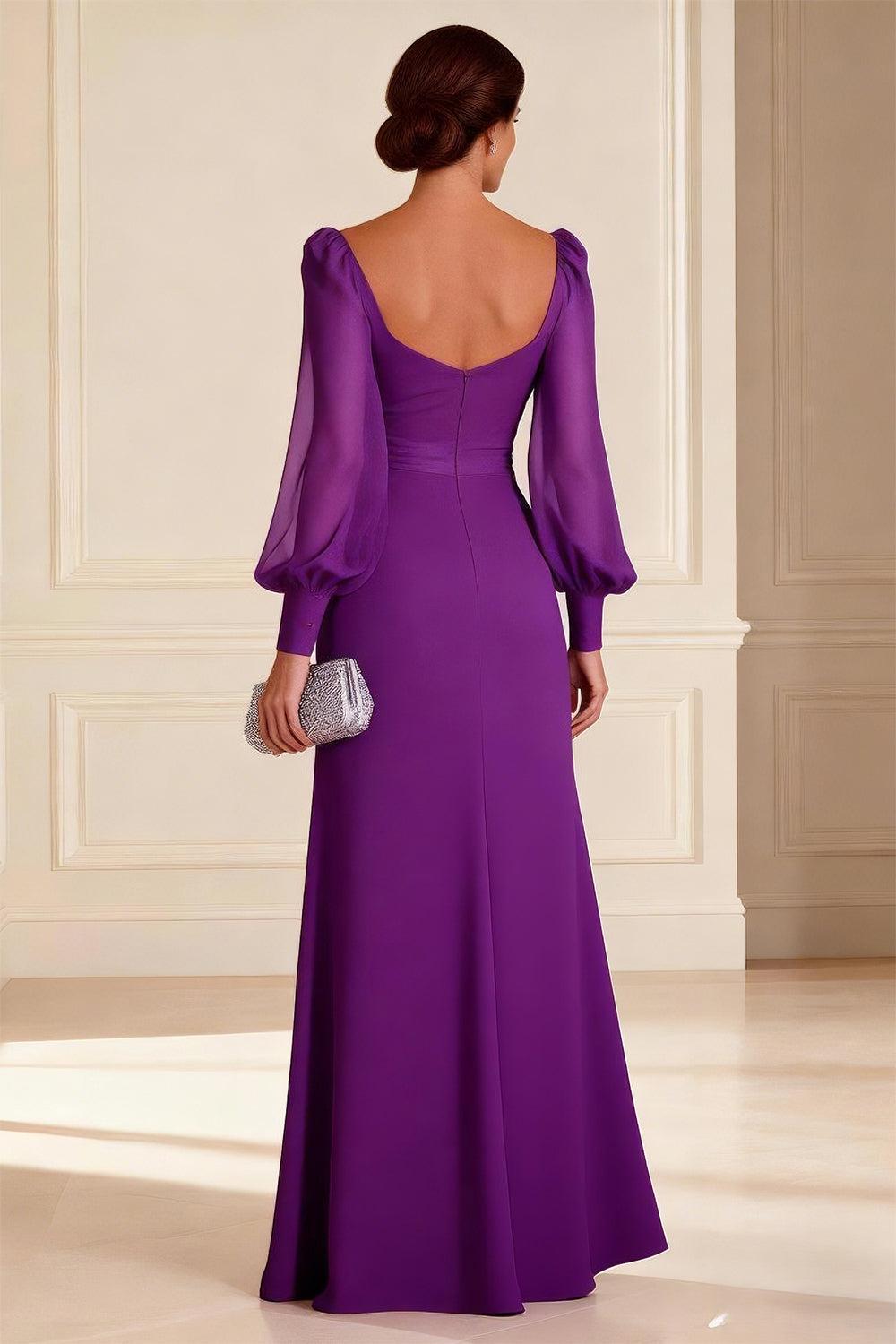 Dreamyannie Purple Sheath Ruched Long Sleeves Floor Length Mother Of The Bride Dress With Slit