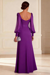 Dreamyannie Purple Sheath Ruched Long Sleeves Floor Length Mother Of The Bride Dress With Slit