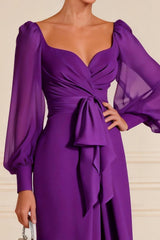 Dreamyannie Purple Sheath Ruched Long Sleeves Floor Length Mother Of The Bride Dress With Slit