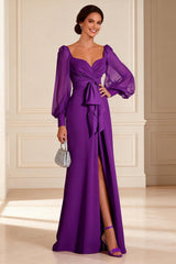 Dreamyannie Purple Sheath Ruched Long Sleeves Floor Length Mother Of The Bride Dress With Slit