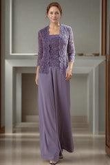 Dreamyannie Purple Square Neck Chiffon 3 Piece Mother Of The Bride Pant Suits With Jacket