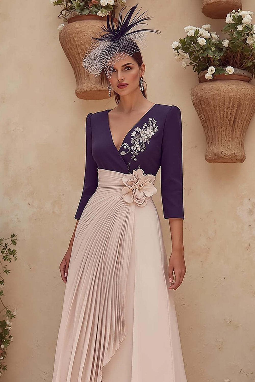 Dreamyannie Purple V Neck Pleated Midi Mother Of The Bride Dress With 3D Flower