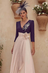 Dreamyannie Purple V Neck Pleated Midi Mother Of The Bride Dress With 3D Flower