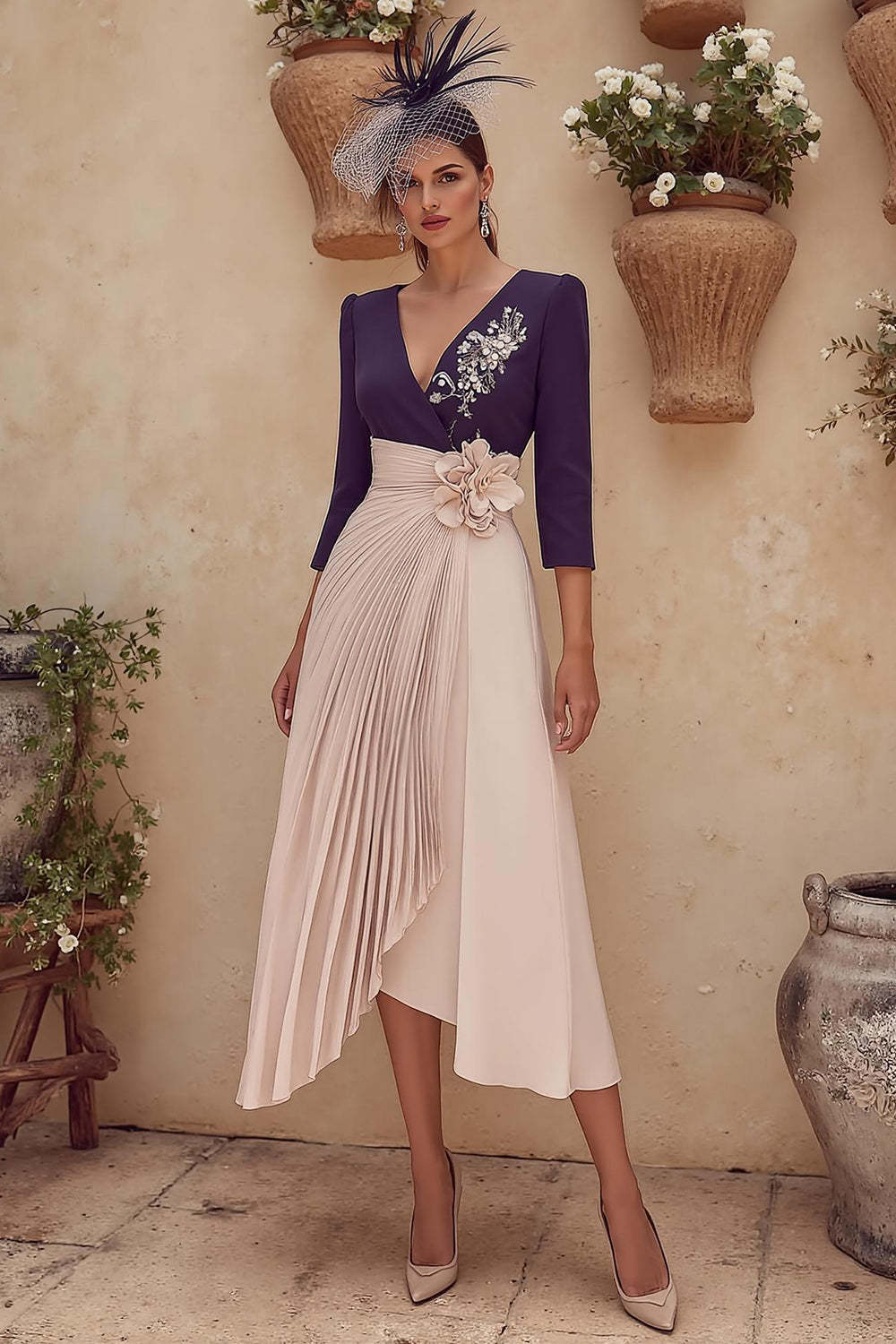Dreamyannie Purple V Neck Pleated Midi Mother Of The Bride Dress With 3D Flower