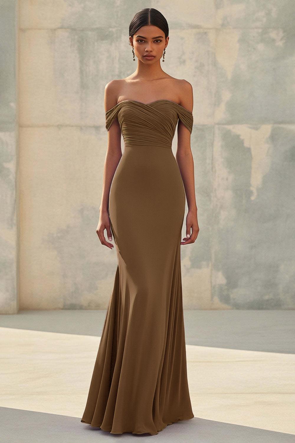 Dreamyannie Purple Wedding Guest Dress Chiffon Mermaid Off The Shoulder Long Formal Dress With Ruch