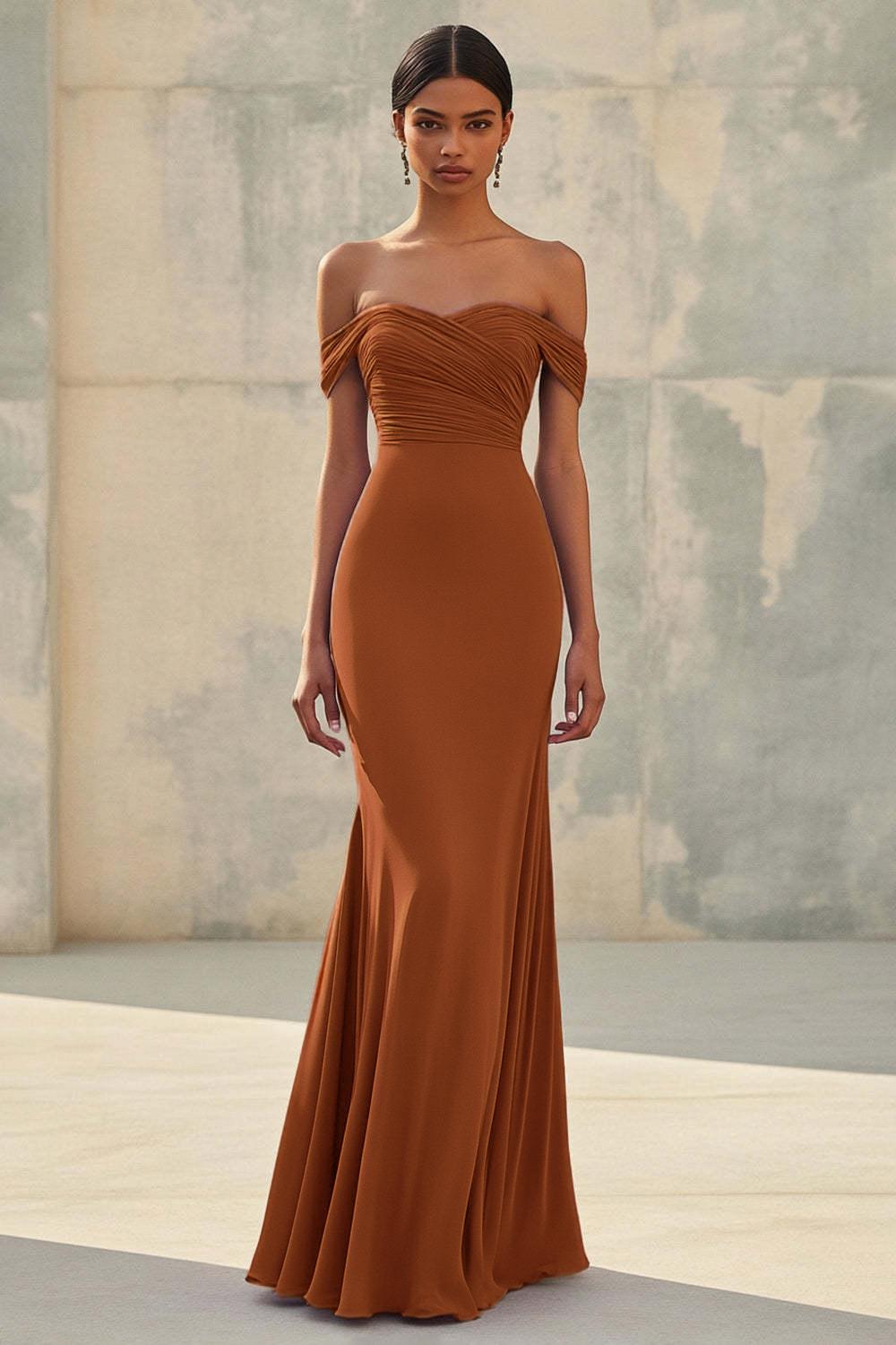 Dreamyannie Purple Wedding Guest Dress Chiffon Mermaid Off The Shoulder Long Formal Dress With Ruch