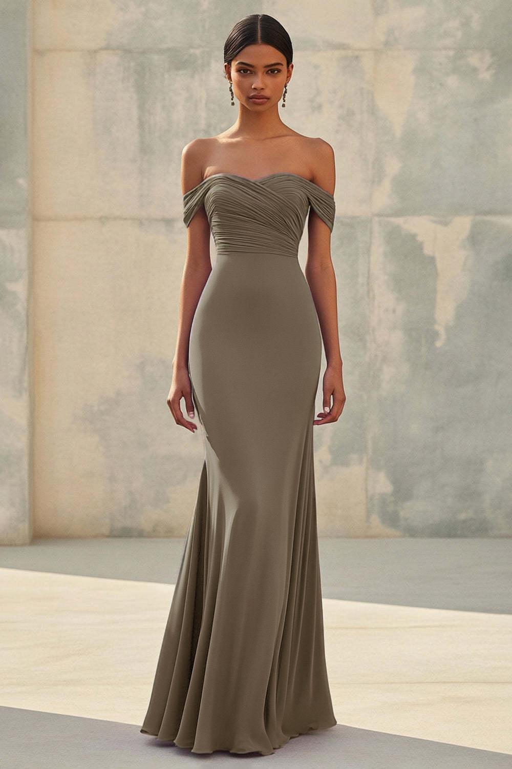 Dreamyannie Purple Wedding Guest Dress Chiffon Mermaid Off The Shoulder Long Formal Dress With Ruch