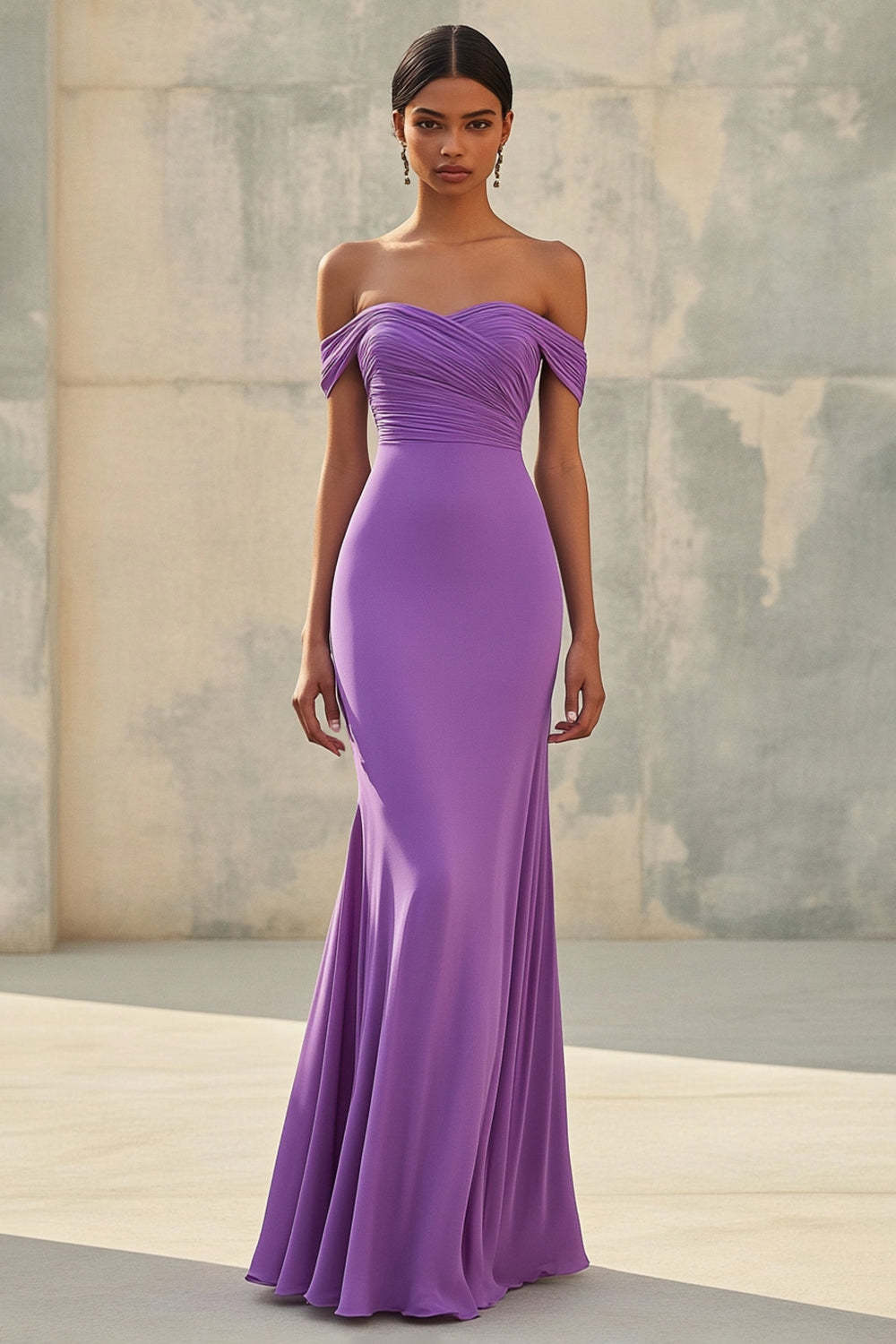 Dreamyannie Purple Wedding Guest Dress Chiffon Mermaid Off The Shoulder Long Formal Dress With Ruch