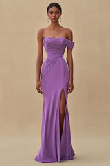 Dreamyannie Purple Wedding Guest Dress Mermaid Off The Shoulder Long Formal Dress With Slit