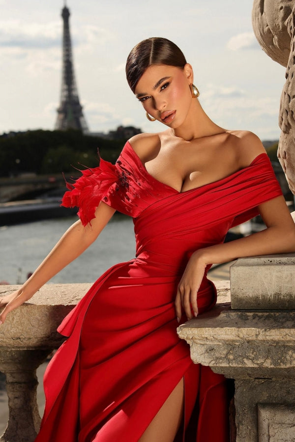 Dreamyannie Red Prom Dress A Line Off The Shoulder Evening Dress With Slit