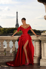 Dreamyannie Red Prom Dress A Line Off The Shoulder Evening Dress With Slit