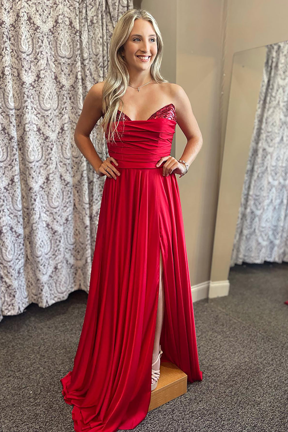 Dreamyannie Red Prom Dress A Line Satin Sweetheart Evening Dress With Slit