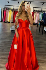 Dreamyannie Red Prom Dress A-Line Satin Sweetheart Long Evening Dress With Slit