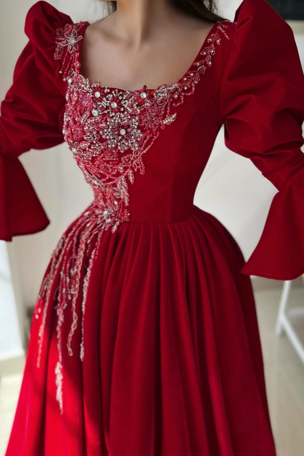 Dreamyannie Red Prom Dress A Line Square Neck Lace Evening Dress With Sleeves