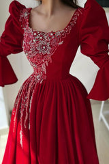 Dreamyannie Red Prom Dress A Line Square Neck Lace Evening Dress With Sleeves